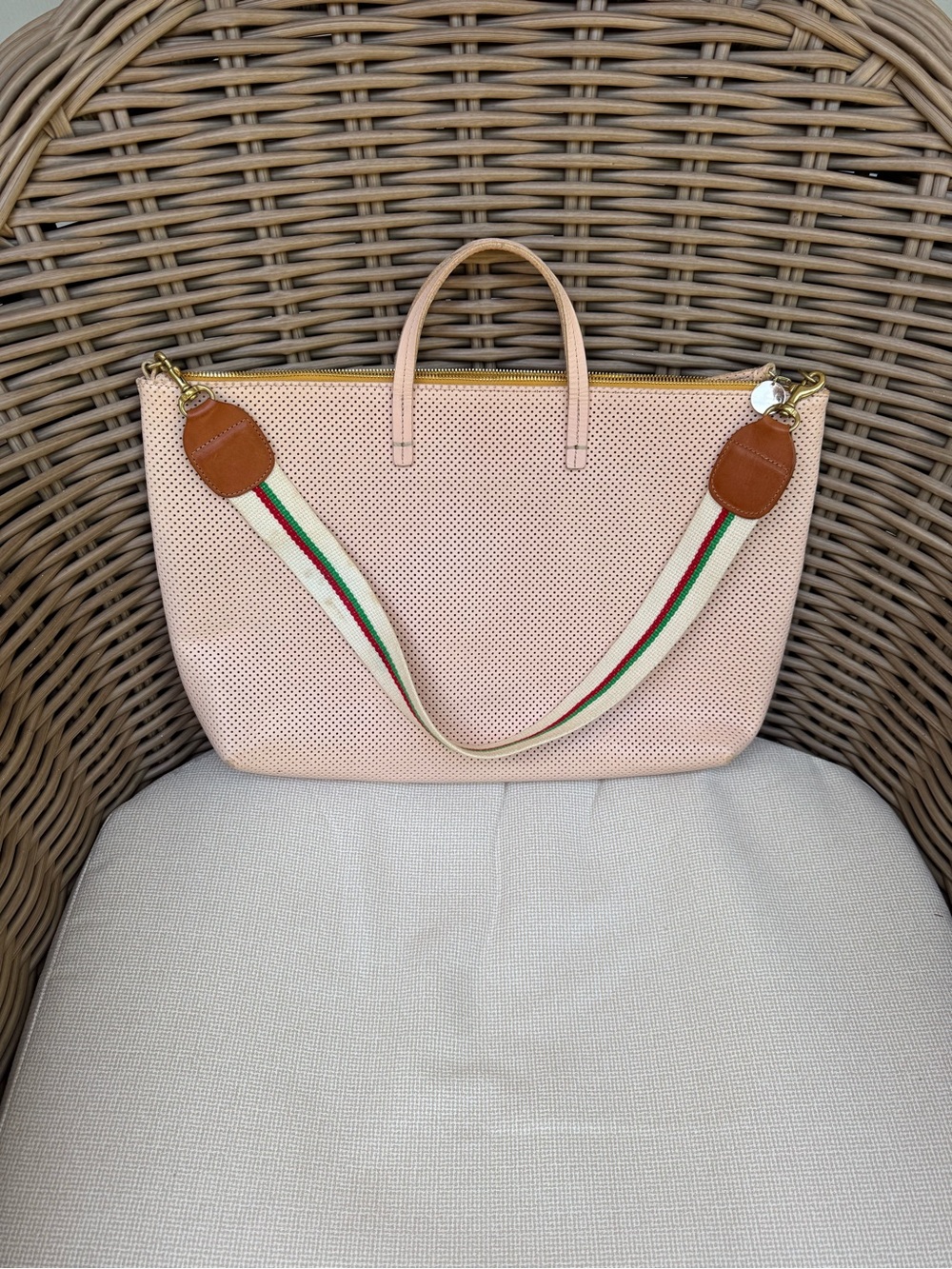 Clare V Blush Pink Perforated Tote with Striped Shoulder Strap - Picture 2 of 14
